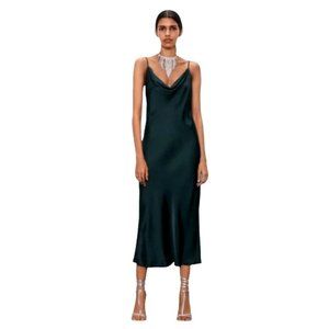 Zara Emerald Green Midi Satin Slip Dress Size M